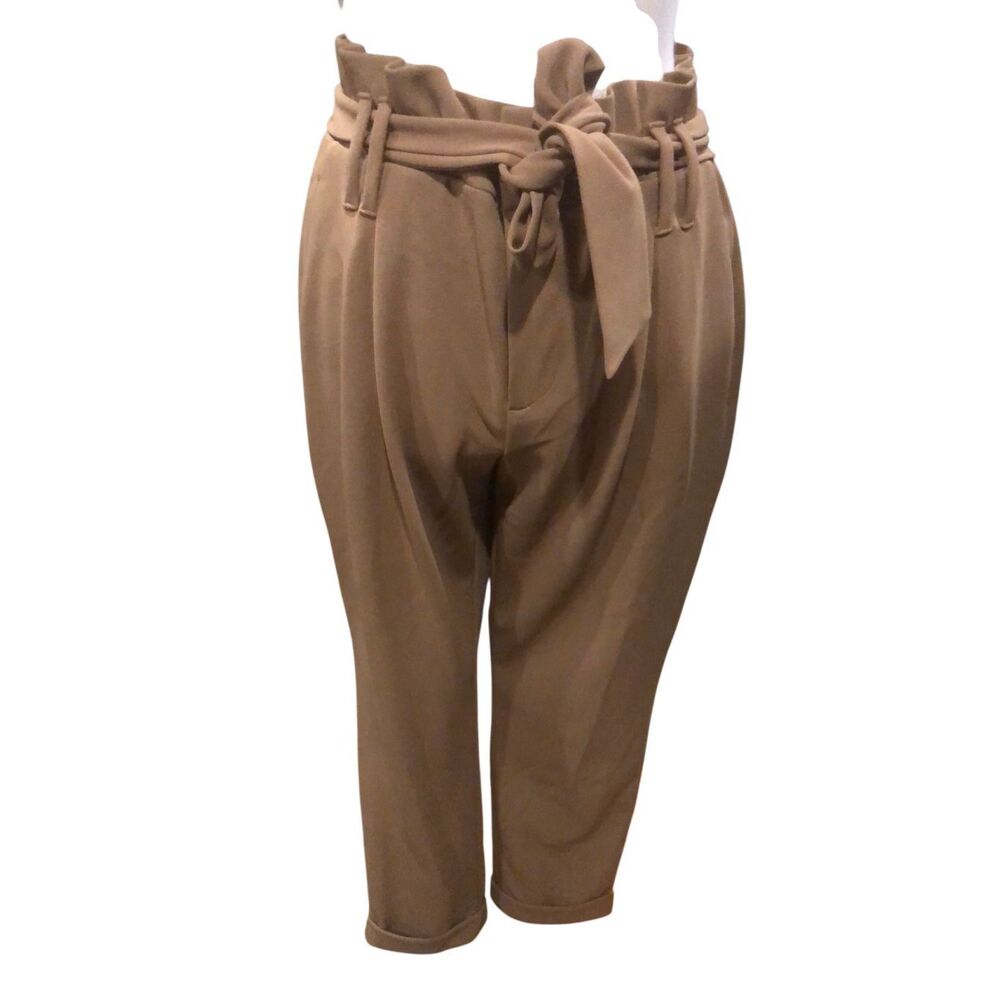 INC International Concepts camel color high waist paper bag self tie belt size 8 - Picture 3 of 13